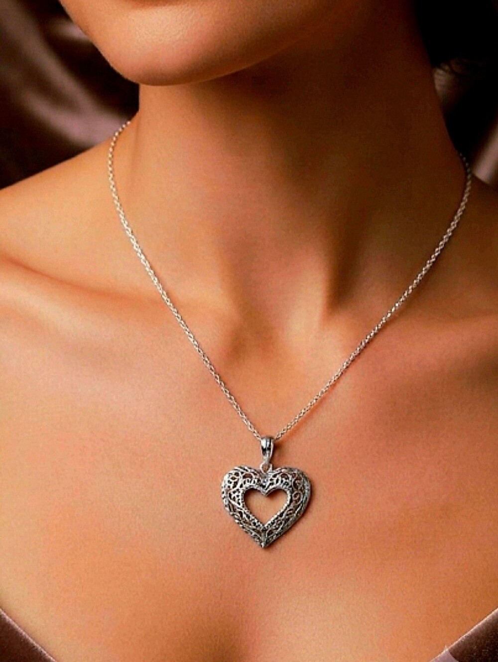 925 Sterling Silver Vintage Filigree Heart Open Pendant (No Necklace Included)